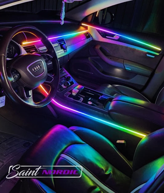 Custom RGB interior ambient lighting installed in a vehicle — professionally installed by Saint Nordic Custom Autoworks in Spring Lake Park, MN