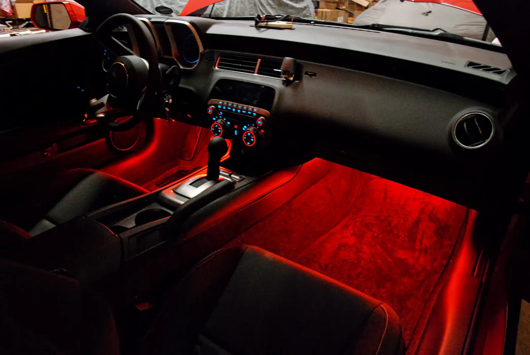 Under-seat LED glow lighting showing rear passenger ambient lighting — Saint Nordic Custom Autoworks, Twin Cities MN