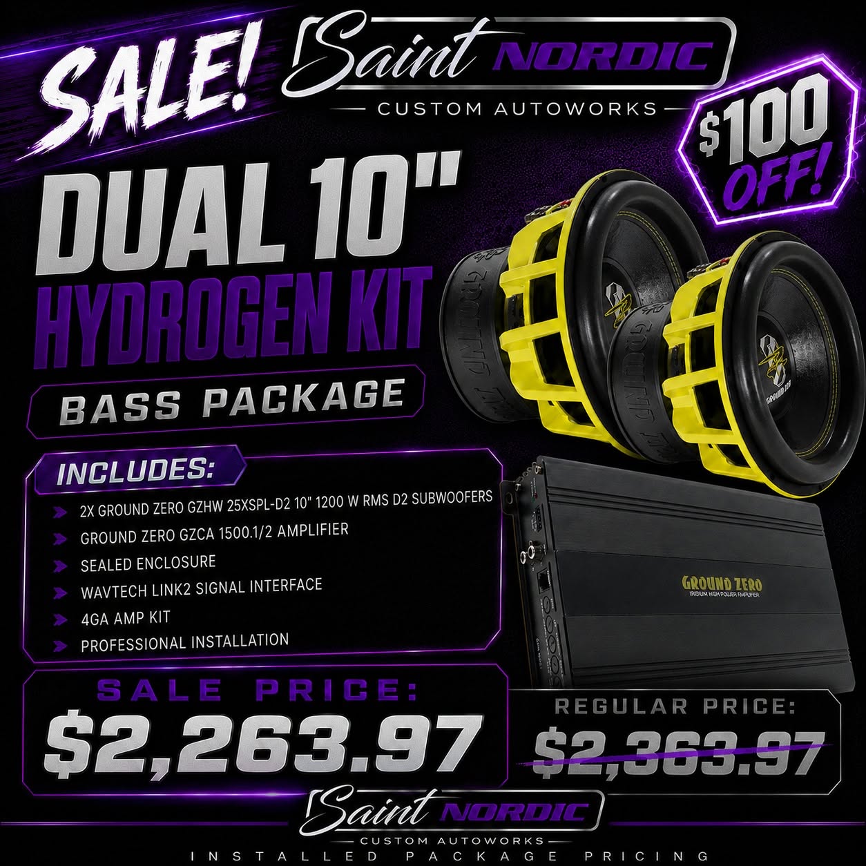 Ground Zero Dual 10 inch Hydrogen Bass Package 2x GZHW 25XSPL-D2 subwoofers GZCA 1500.M2 amplifier professionally installed by Saint Nordic Custom Autoworks Spring Lake Park MN
