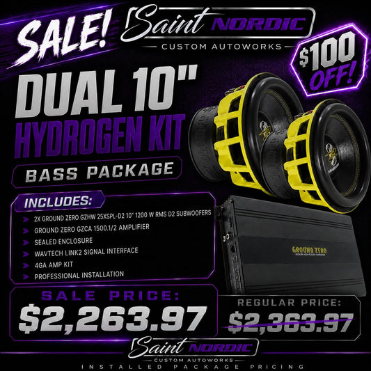 Ground Zero Dual 10 inch Hydrogen Bass Package 2x GZHW 25XSPL-D2 subwoofers GZCA 1500.M2 amplifier professionally installed by Saint Nordic Custom Autoworks Spring Lake Park MN