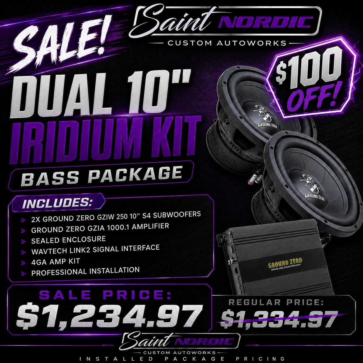 Ground Zero Dual 10 inch Iridium Bass Package 2x GZIW 250 S4 subwoofers GZIA 1000.1 amplifier professionally installed by Saint Nordic Custom Autoworks Spring Lake Park MN