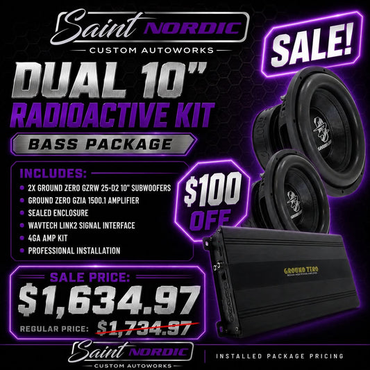 Ground Zero Dual 10 inch Radioactive Bass Package 2x GZRW 25-D2 subwoofers GZIA 1500.1 amplifier professionally installed by Saint Nordic Custom Autoworks Spring Lake Park MN