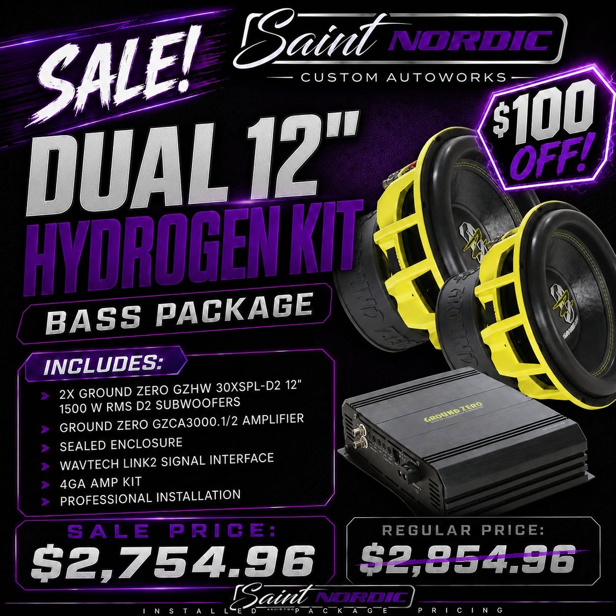 Ground Zero Dual 12 inch Hydrogen Bass Package 2x GZHW 30XSPL-D2 subwoofers GZCA 3000.M2 amplifier professionally installed by Saint Nordic Custom Autoworks Spring Lake Park MN
