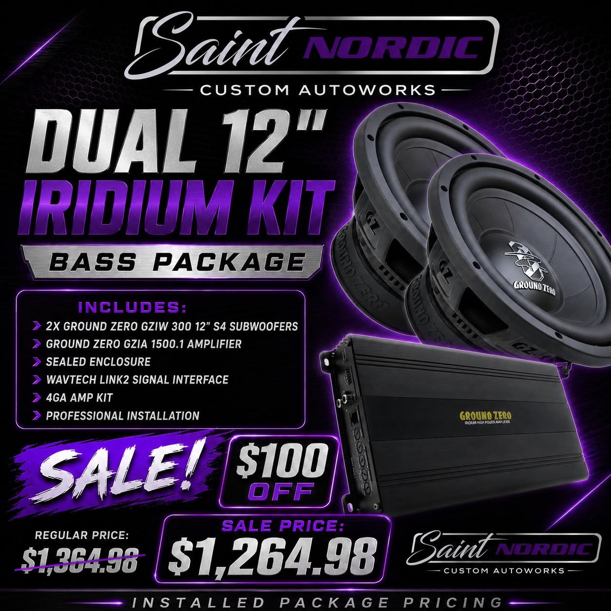 Ground Zero Dual 12 inch Iridium Bass Package 2x GZIW 300 S4 subwoofers GZIA 1500.1 amplifier professionally installed by Saint Nordic Custom Autoworks Spring Lake Park MN