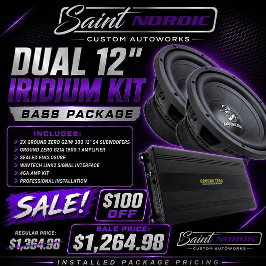 Ground Zero Dual 12 inch Iridium Bass Package 2x GZIW 300 S4 subwoofers GZIA 1500.1 amplifier professionally installed by Saint Nordic Custom Autoworks Spring Lake Park MN