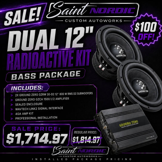 Ground Zero Dual 12 inch Radioactive Bass Package 2x GZRW 30-D2 subwoofers GZCA 1500.M2 amplifier professionally installed by Saint Nordic Custom Autoworks Spring Lake Park M