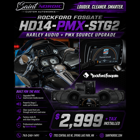 Rockford Fosgate HD14-PMX-STG2 Stage Two Harley Davidson audio package installed by Saint Nordic Custom Autoworks Spring Lake Park MN