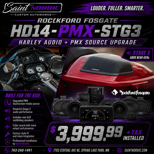 Rockford Fosgate HD14-PMX-STG3 Stage Three Harley Davidson audio package 4 speakers 800W installed by Saint Nordic Custom Autoworks Spring Lake Park MN