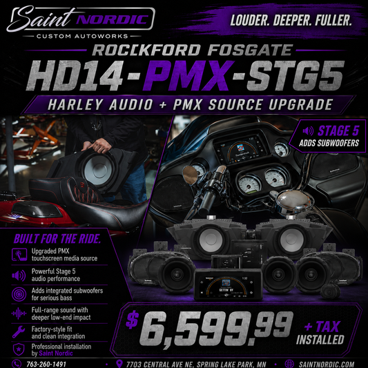 Rockford Fosgate HD14-PMX-STG5 Stage Five Harley Davidson audio 6 speakers dual 10 inch subwoofers 1600W installed by Saint Nordic Custom Autoworks Spring Lake Park MN