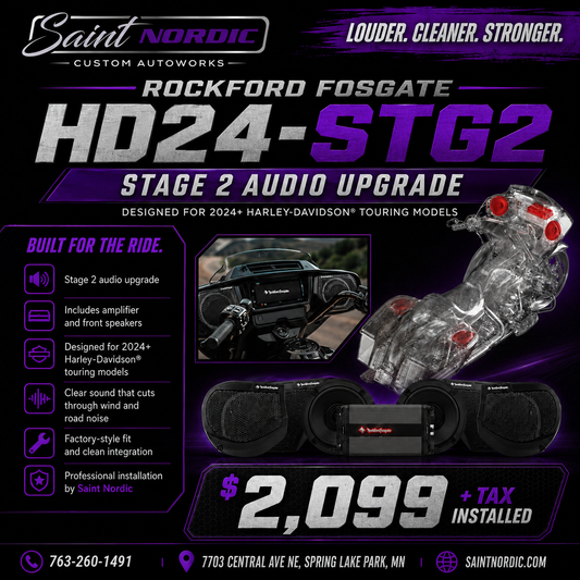 Rockford Fosgate HD24-STG2 Stage Two 2024 Harley Davidson Touring audio package 1000W installed by Saint Nordic Custom Autoworks Spring Lake Park MN