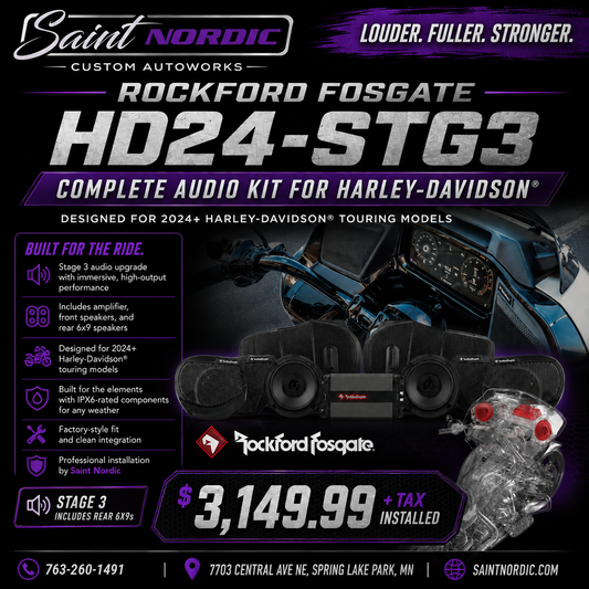 Rockford Fosgate HD24-STG3 Stage Three 2024 Harley Davidson Touring audio 4 speakers 1000W installed by Saint Nordic Custom Autoworks Spring Lake Park MN