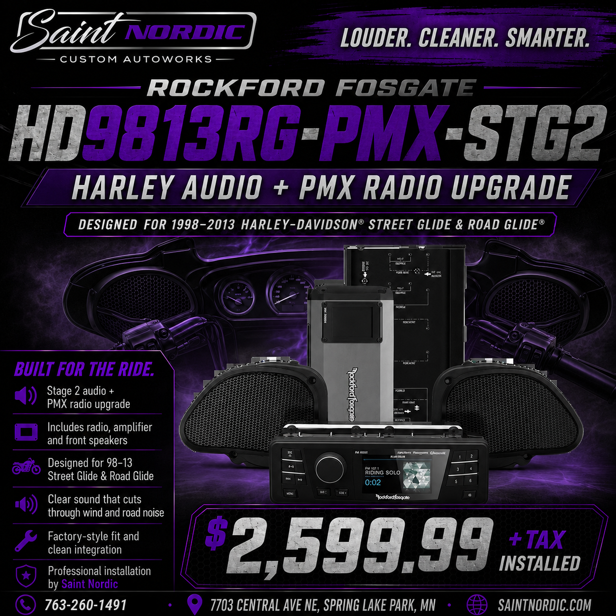 Rockford Fosgate HD9813RG-PMX-STG2 Stage Two Radio 1998 2013 Harley Davidson Road Glide audio package installed by Saint Nordic Custom Autoworks Spring Lake Park MN