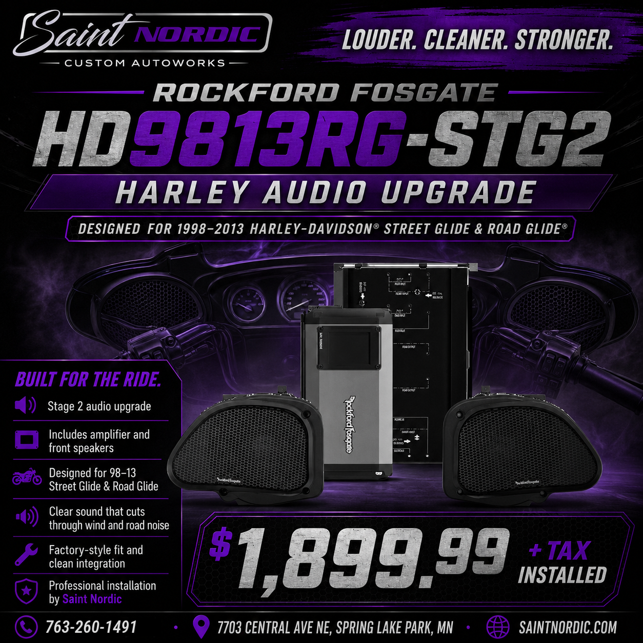 Rockford Fosgate HD9813RG-STG2 Stage Two 1998 2013 Harley Davidson Street Glide Road Glide speakers amplifier installed by Saint Nordic Custom Autoworks Spring Lake Park MN