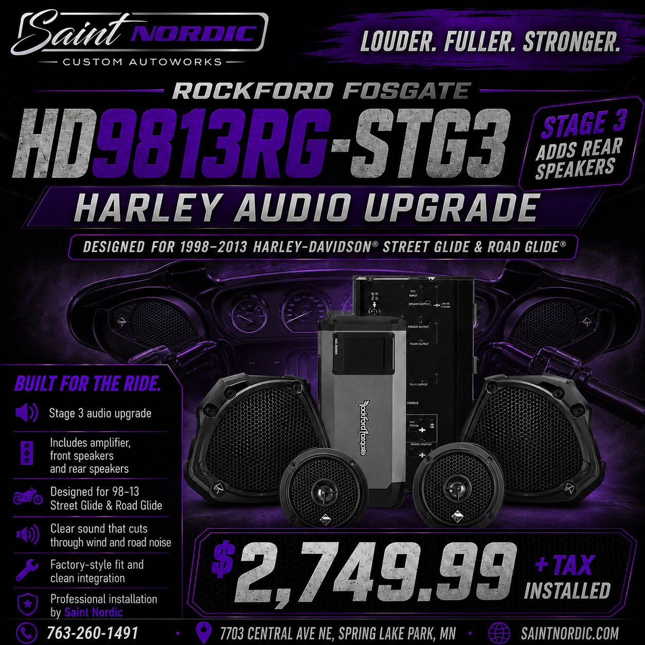Rockford Fosgate HD9813RG-STG3 Stage Three 1998 2013 Harley Davidson Street Glide Road Glide 4 speakers 800W installed by Saint Nordic Custom Autoworks Spring Lake Park MN