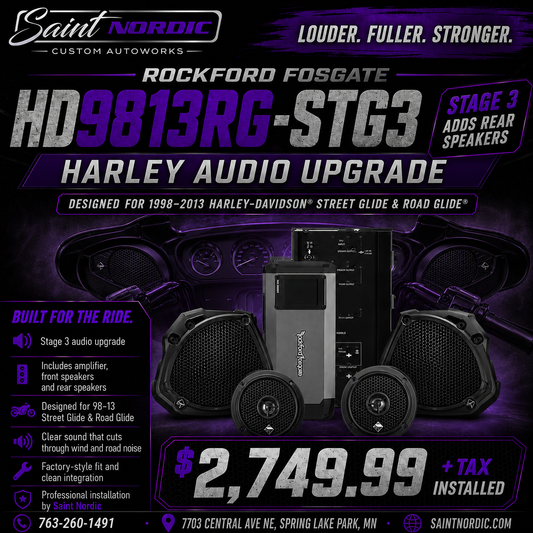 Rockford Fosgate HD9813RG-STG3 Stage Three 1998 2013 Harley Davidson Street Glide Road Glide 4 speakers 800W installed by Saint Nordic Custom Autoworks Spring Lake Park MN
