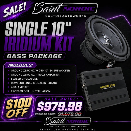 Ground Zero Single 10 inch Iridium Bass Package GZIW 250 S4 subwoofer GZIA 500.1 amplifier professionally installed by Saint Nordic Custom Autoworks Spring Lake Park MN