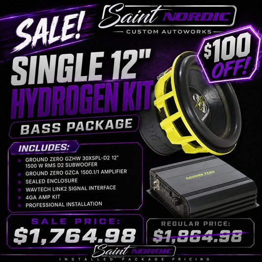 Ground Zero Single 12 inch Hydrogen Bass Package GZHW 30XSPL-D2 subwoofer GZCA 1500.M1 amplifier professionally installed by Saint Nordic Custom Autoworks Spring Lake Park MN