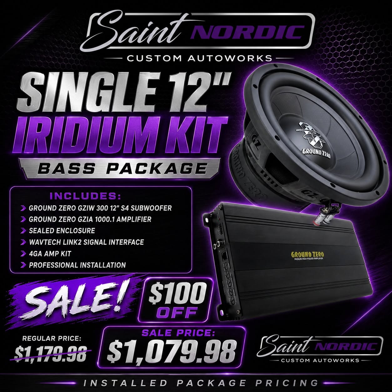 Ground Zero Single 12 inch Iridium Bass Package GZIW 300 S4 subwoofer GZIA 1000.1 amplifier professionally installed by Saint Nordic Custom Autoworks Spring Lake Park MN