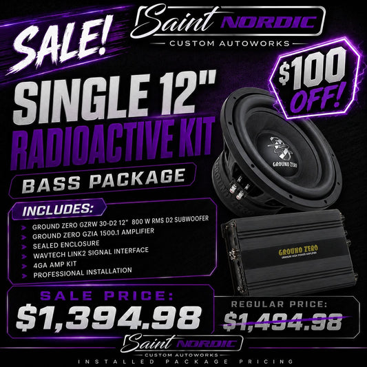 Ground Zero Single 12 inch Radioactive Bass Package GZRW 30-D2 800W subwoofer GZIA 1500.1 amplifier professionally installed by Saint Nordic Custom Autoworks Spring Lake Park MN
